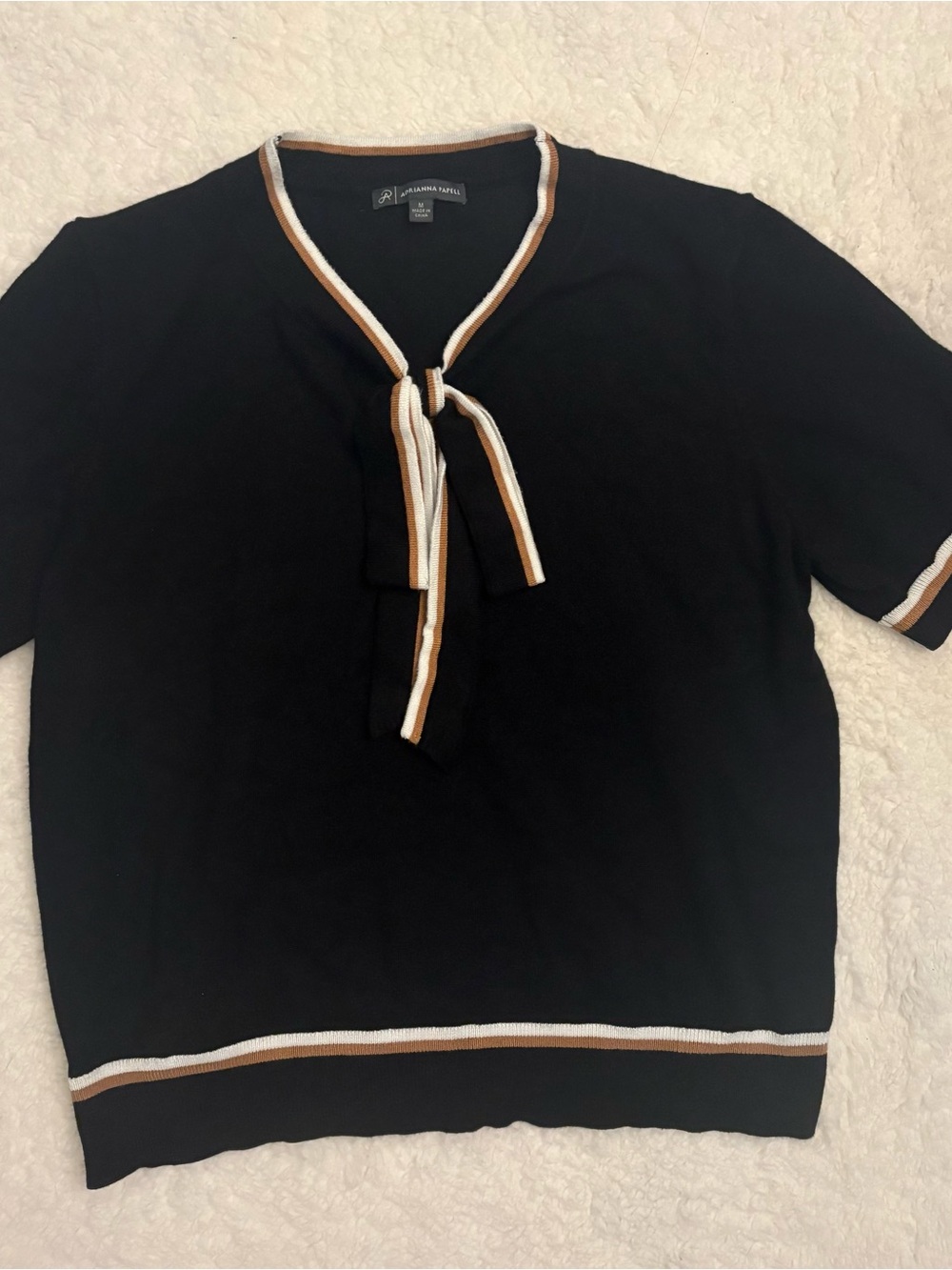 Adrianna Papell Black Short-Sleeve Tie-Neck Polo with White and Tan Trim